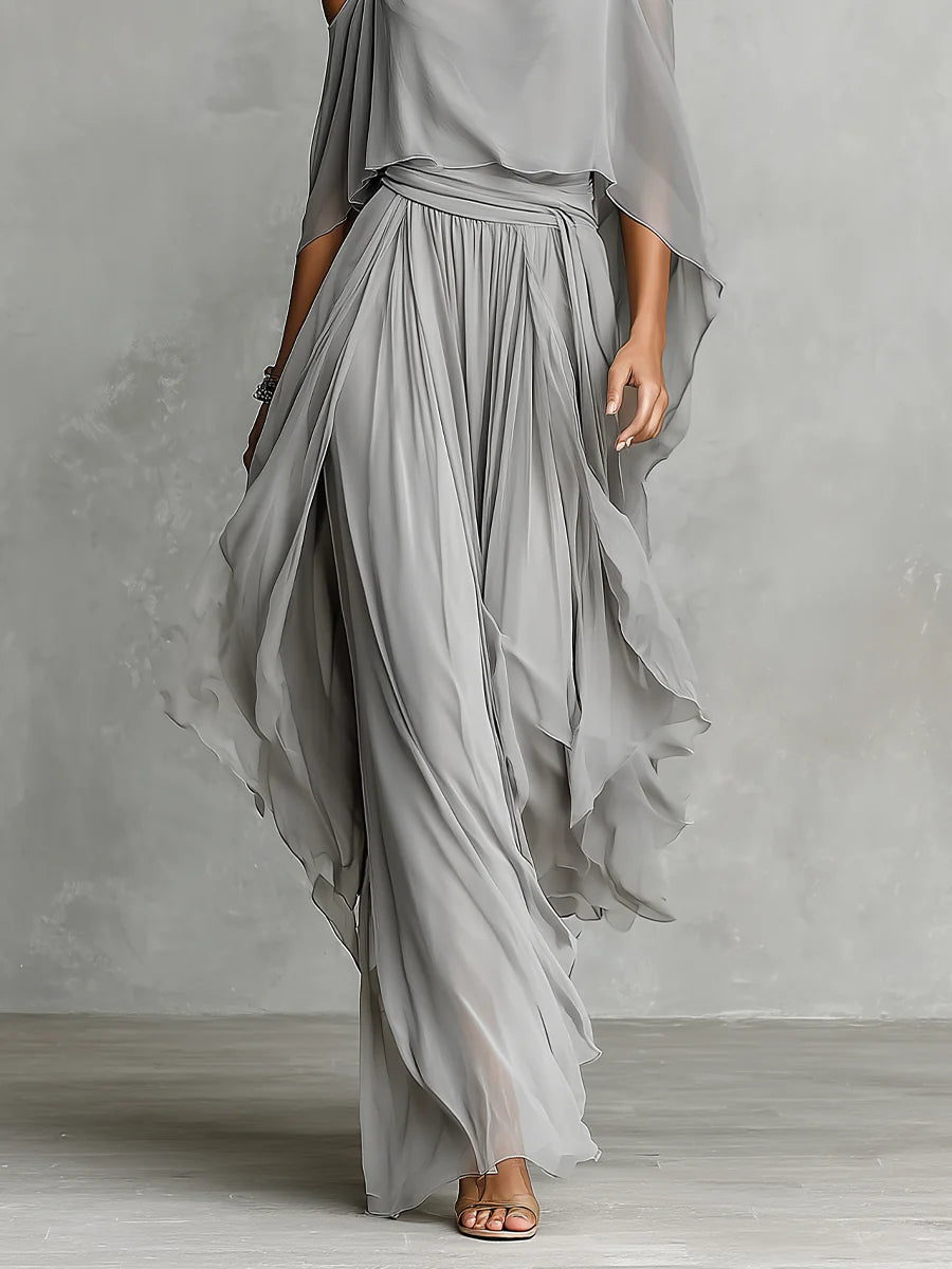 Isabella | Set composto da canotta fluida grigia con spalle scoperte e pantaloni in chiffon