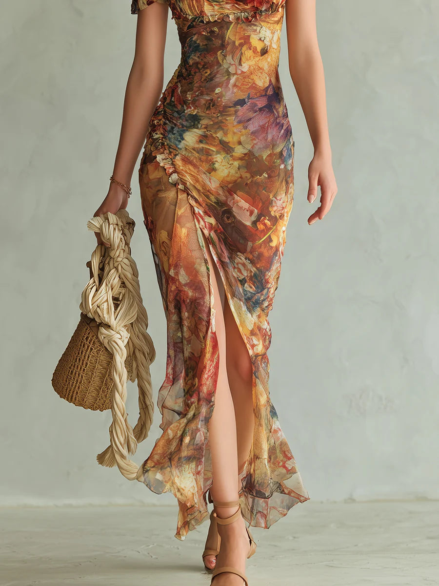 Viola | Abito lungo in chiffon arancione con stampa a olio in stile bohemien