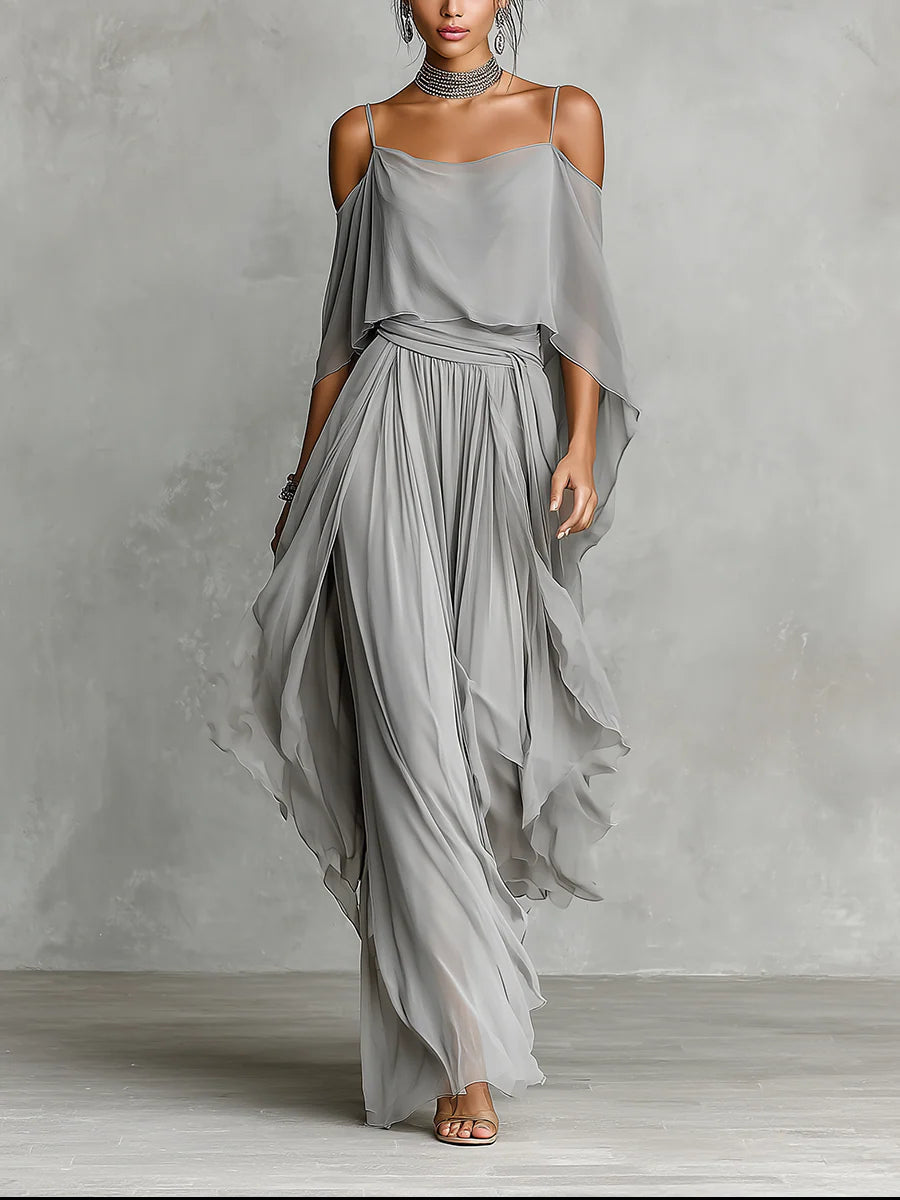 Isabella | Set composto da canotta fluida grigia con spalle scoperte e pantaloni in chiffon