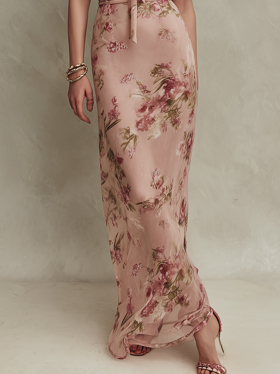 Lia - Abito Maxi in Chiffon con Stampa Floreale Elegante e Scollo a Orecchio di Chiave