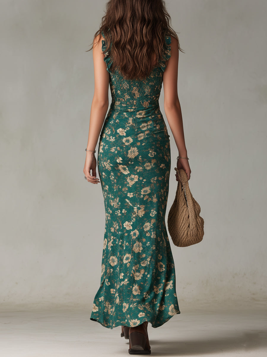 Zara | Vestito maxi boho retrò con maniche arricciate e spacco alto
