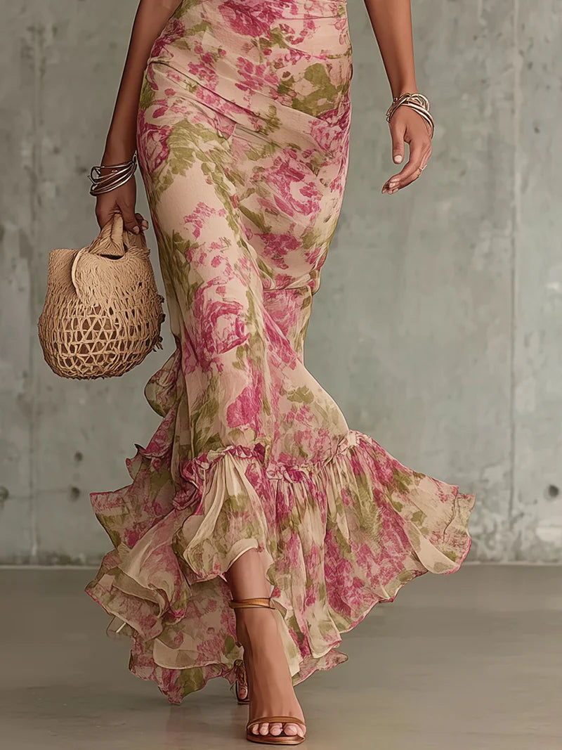 Fiora | Abito lungo con stampa vintage a rose e maniche a sbuffo