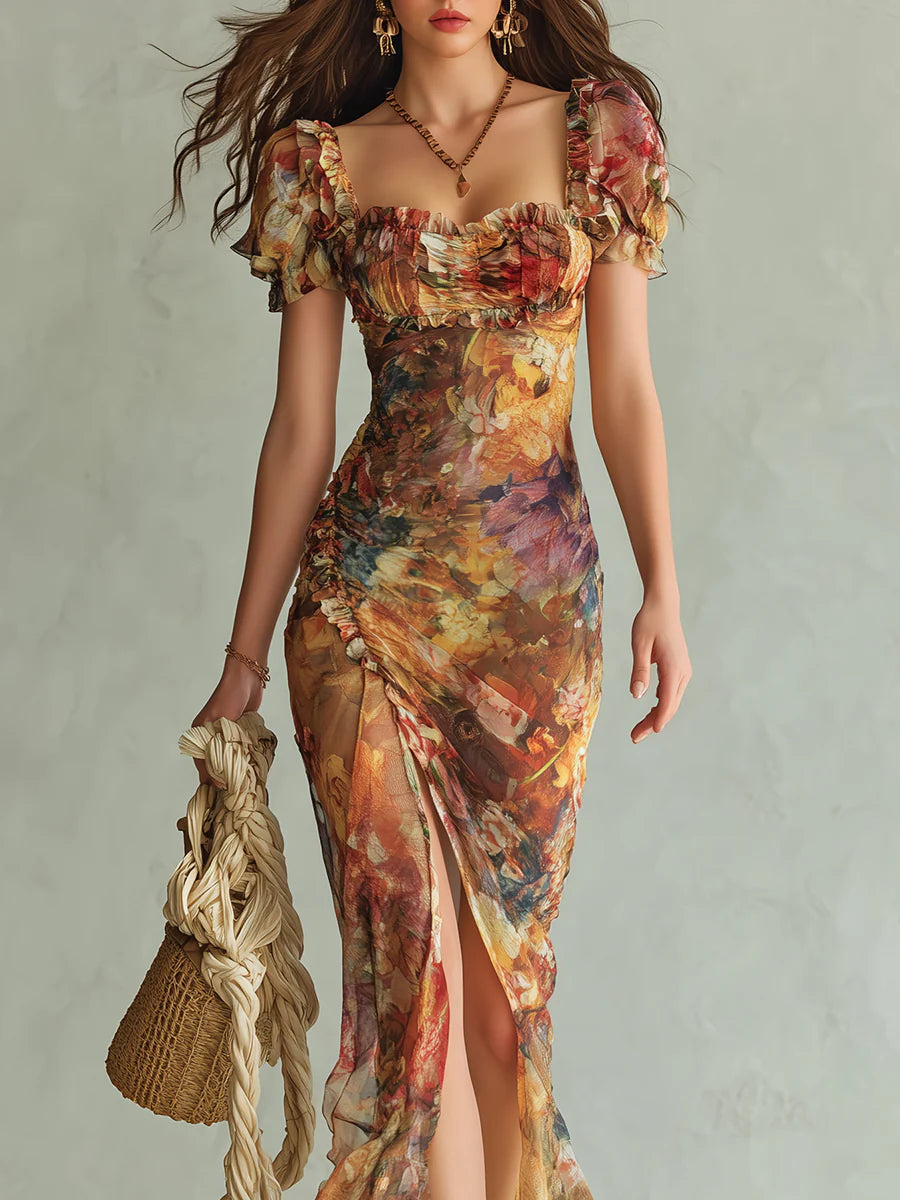Viola | Abito lungo in chiffon arancione con stampa a olio in stile bohemien