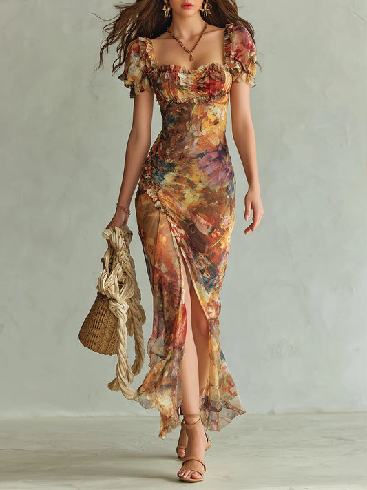 Viola | Abito lungo in chiffon arancione con stampa a olio in stile bohemien