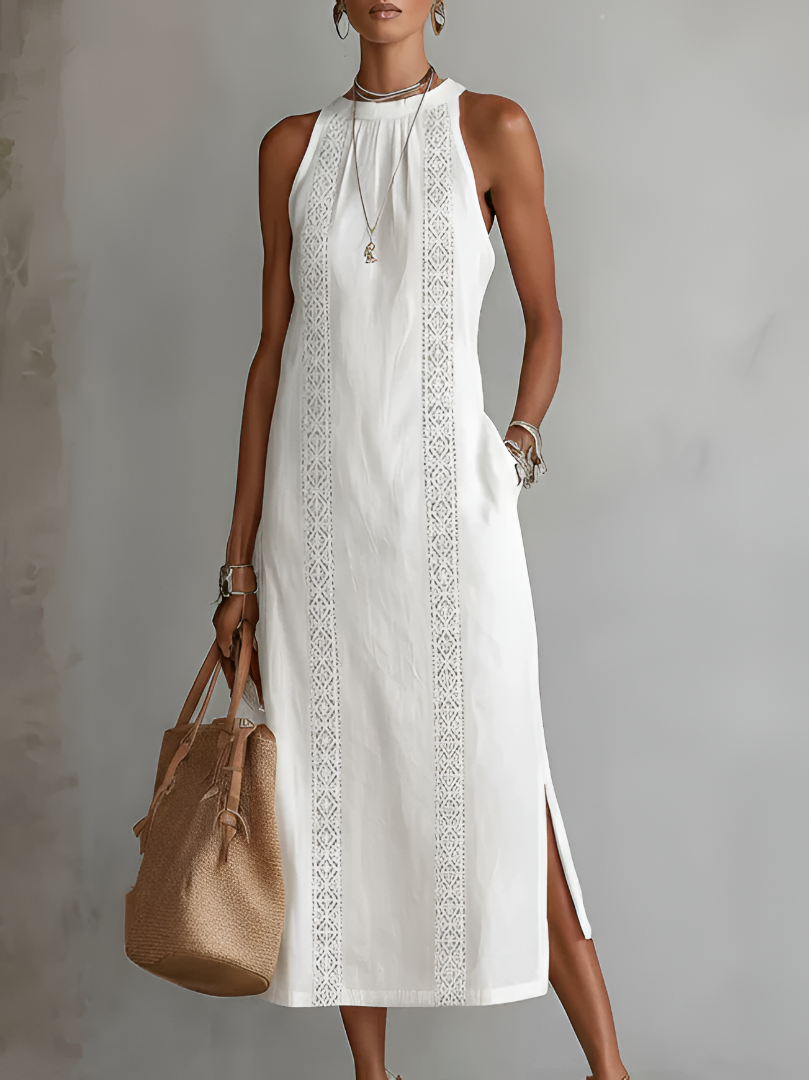 Bianca | Vestito midi in lino con collo mao