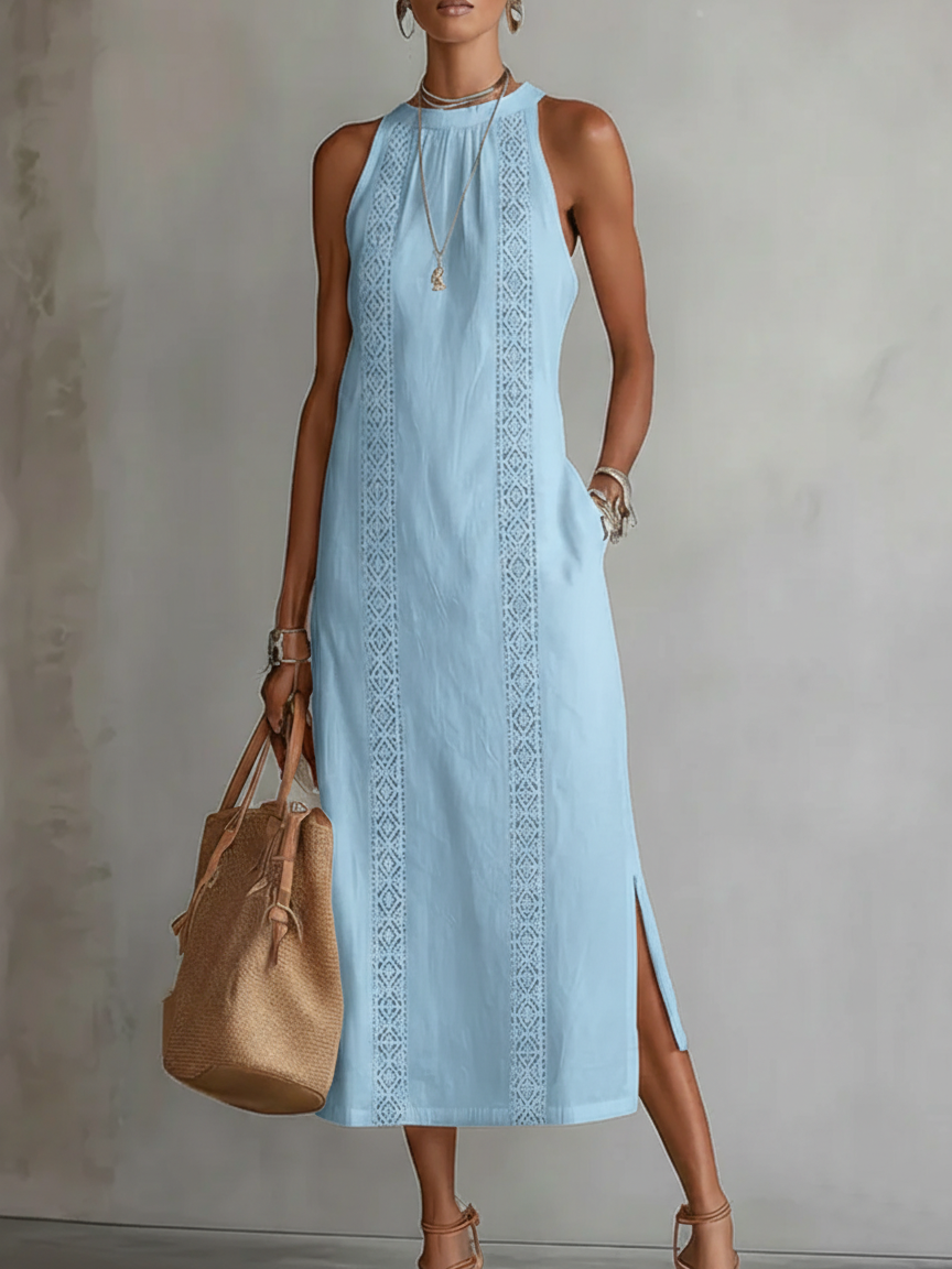 Bianca | Vestito midi in lino con collo mao