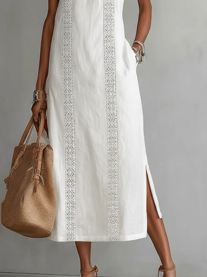 Bianca | Vestito midi in lino con collo mao