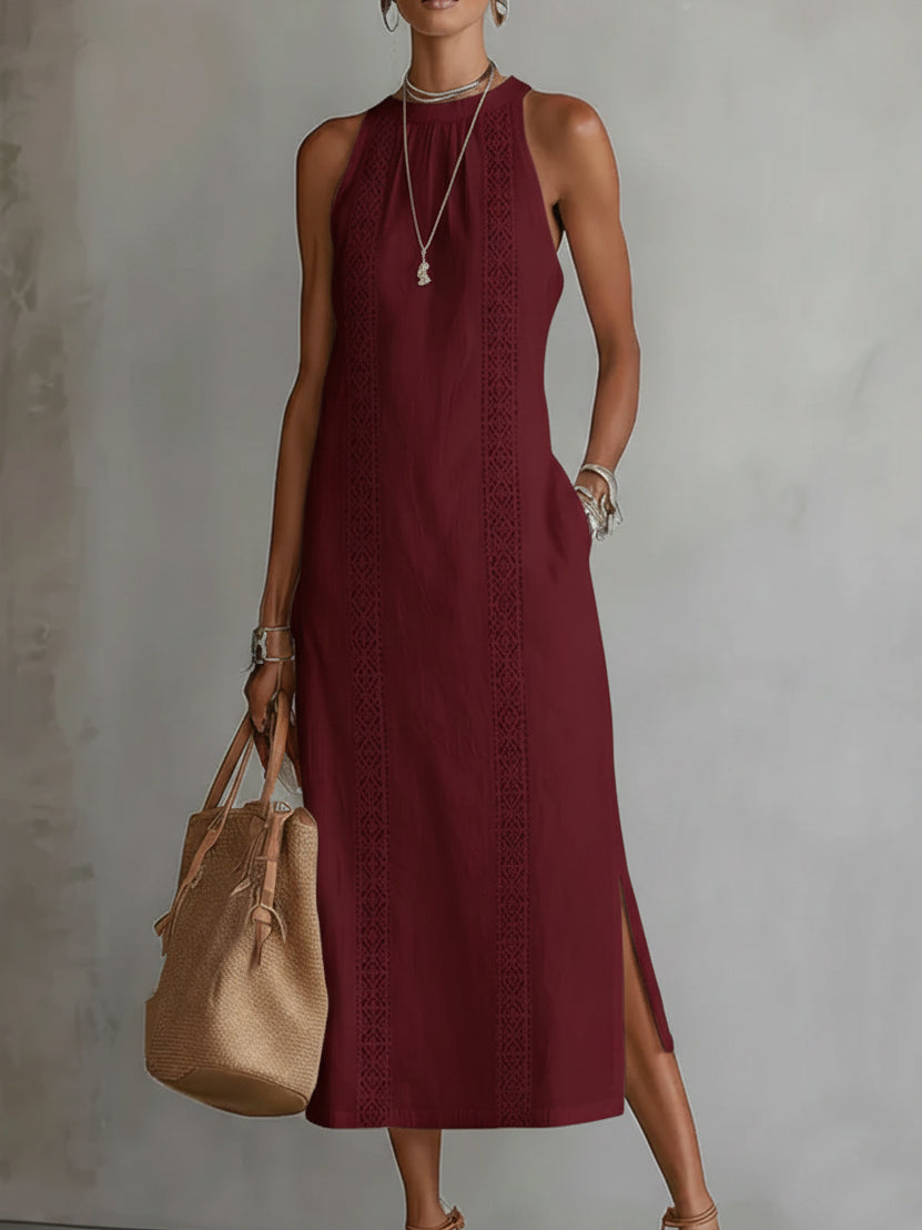 Bianca | Vestito midi in lino con collo mao