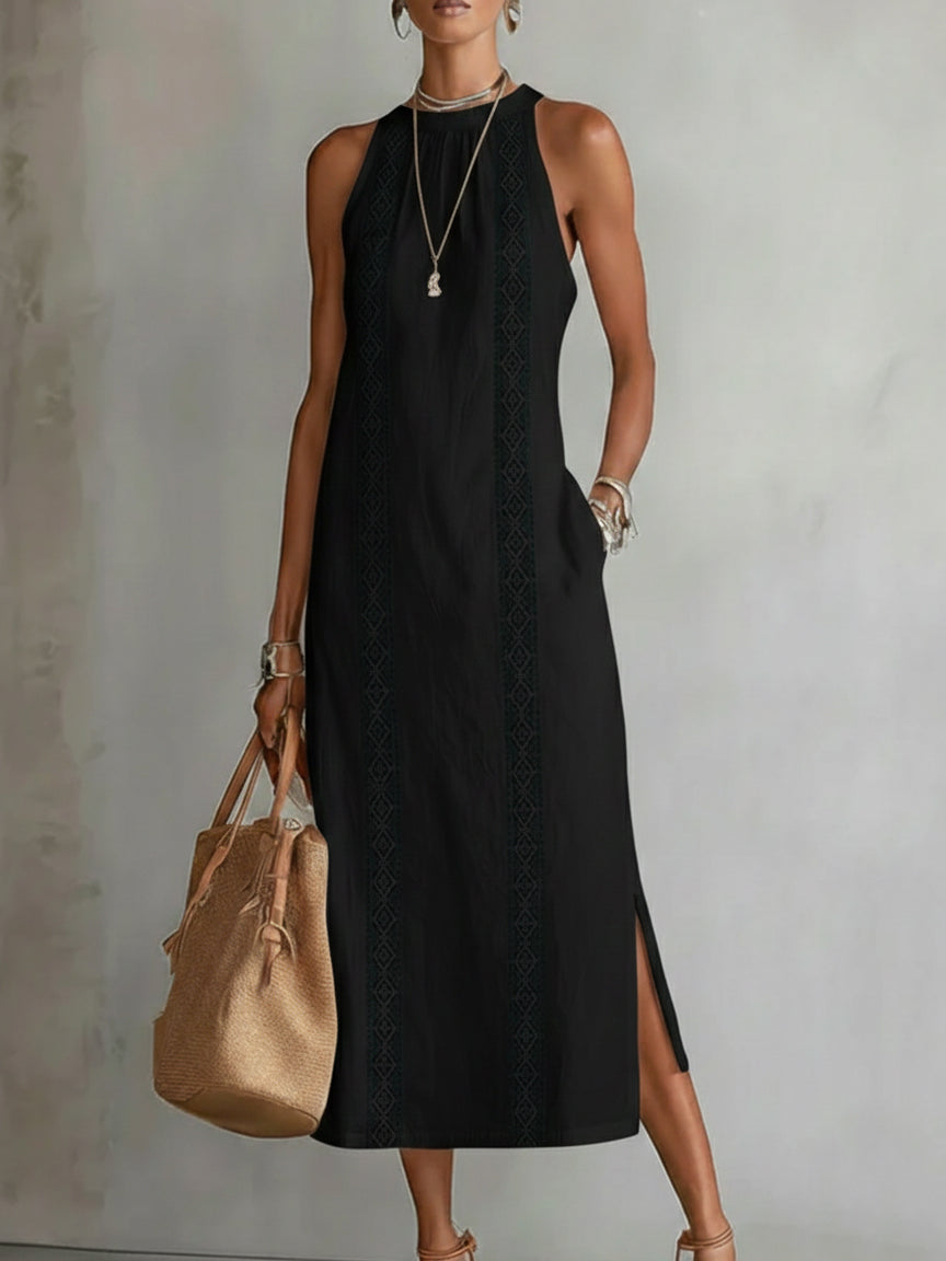 Bianca | Vestito midi in lino con collo mao